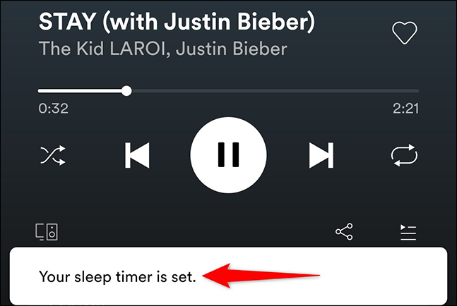 El mensaje "Tu temporizador para dormir está configurado" en la aplicación Spotify.