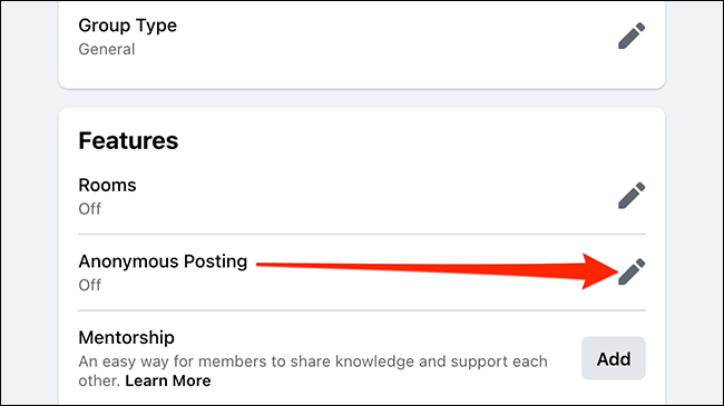 Seleccione "Publicación anónima" en la pantalla "Configuración" de un grupo de Facebook.