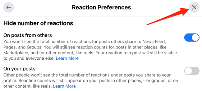 Haga clic en "X" en la parte superior de la ventana "Preferencias de reacción" en el sitio de Facebook.