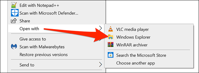Haga clic con el botón derecho en el archivo ZIP y seleccione Abrir con> Explorador de Windows.