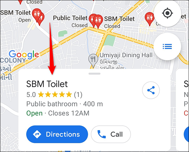 Detalles de un baño en la aplicación Google Maps.
