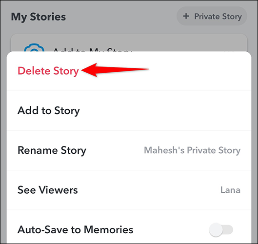 Seleccione "Eliminar historia" en el menú de tres puntos para una historia privada en Snapchat.