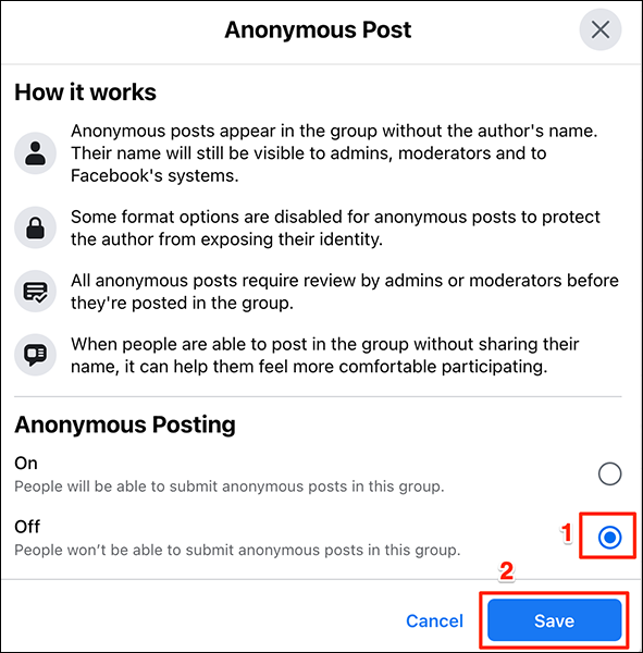 Seleccione "Desactivado" en la ventana "Publicación anónima" en el sitio de Facebook.