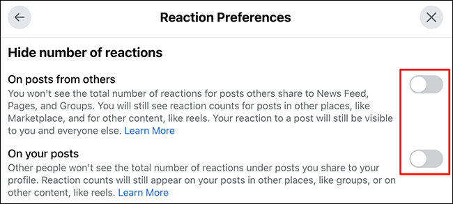 Muestra los recuentos de Me gusta en la ventana "Preferencias de reacción" en el sitio de Facebook.