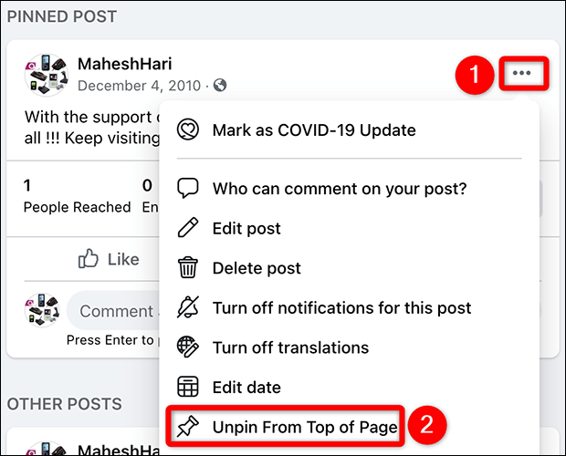 Seleccione "Desanclar de la parte superior de la página" en el menú de tres puntos para una publicación de página en Facebook.