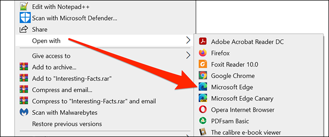 Haga clic con el botón derecho en el PDF y seleccione Abrir con> Microsoft Edge en el Explorador de archivos.