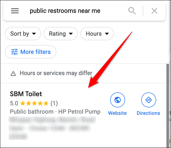 Una lista de baños públicos en el sitio de Google Maps.