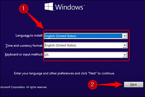 Elija el idioma para instalar, el formato de hora y moneda, y el teclado y el método de entrada.