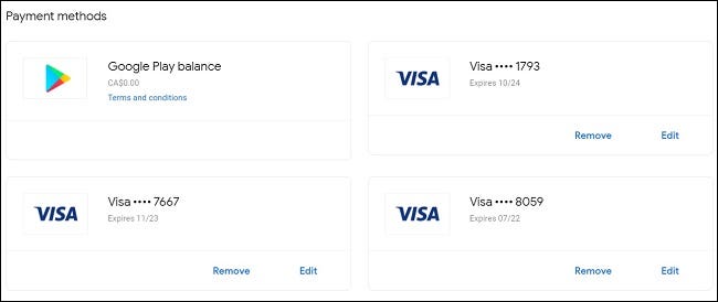 Ver sus métodos de pago en el menú de Google Pay