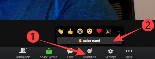 Seleccione el botón "Reacciones" y elija la opción "Levantar la mano" en Zoom para Web.