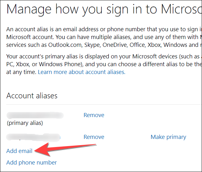Seleccione la opción "agregar correo electrónico" para agregar una nueva dirección de correo electrónico como un alias a su cuenta de Microsoft.