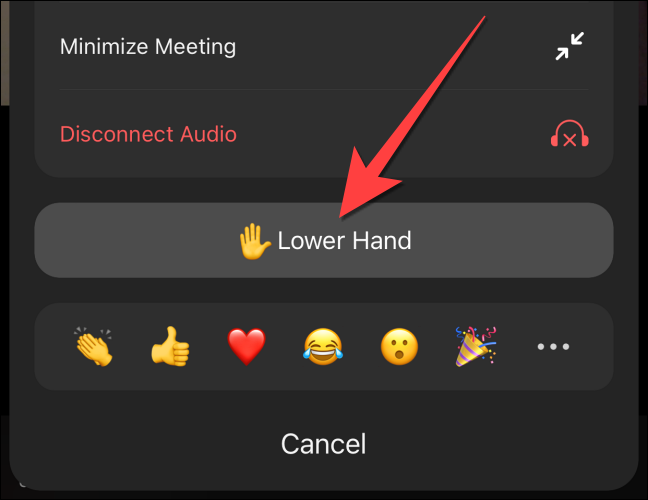 Toque el botón "Mano inferior" para bajar la mano en la aplicación móvil Zoom.