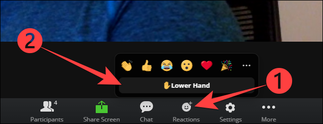 Elija el botón "Reacciones" y luego elija "Mano inferior" para bajar la mano en Zoom para la web.