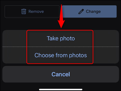 Toca "Tomar una foto" o "Elegir entre las fotos".