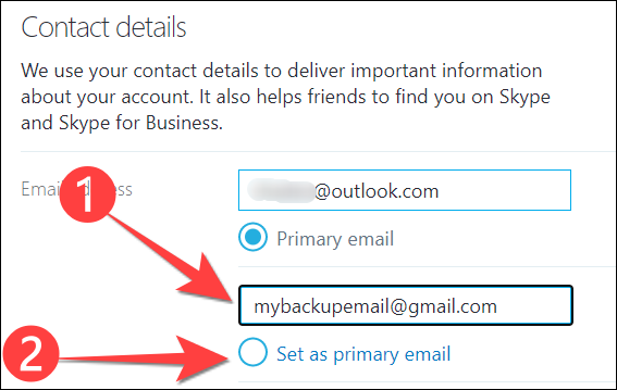 Escriba una nueva dirección de correo electrónico y seleccione la opción "Establecer como correo electrónico principal".