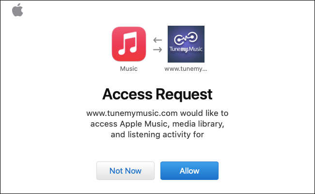 Haga clic en "Permitir" para permitir que Tune My Music acceda a su cuenta de Apple Music.
