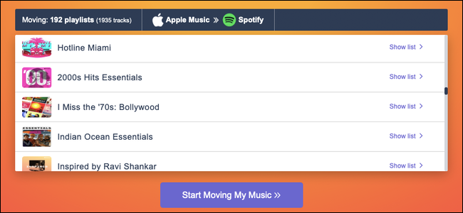 En el sitio web Tune My Music, haga clic en "Comenzar a mover mi música" para comenzar a enviar sus listas de reproducción de Apple Music a Spotify.