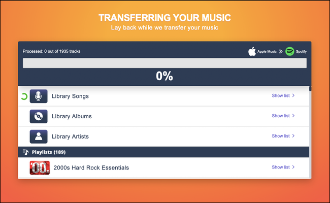 Tune My Music está moviendo tus listas de reproducción de Apple Music a Spotify.