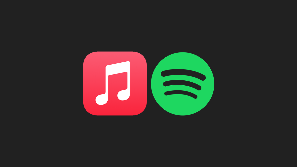 Logotipos de Apple Music y Spotify sobre un fondo gris oscuro.