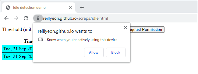 Un sitio web que solicita "saber cuándo estás usando activamente este dispositivo" en Chrome.