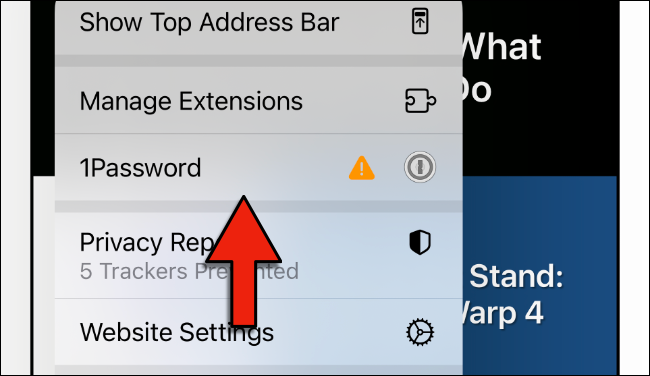 Seleccione la extensión 1Password en Safari en iOS 15