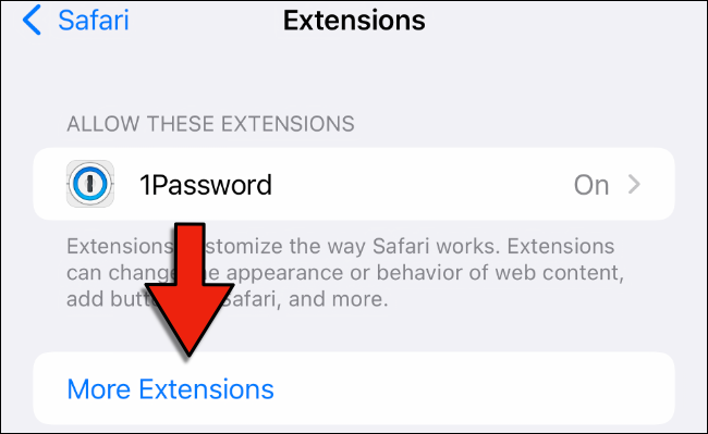 Más extensiones muestra algunas, pero no todas las extensiones disponibles en la App Store.