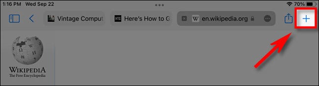 En Safari en iPad, con la barra de pestañas compacta, toque el botón más para abrir un nuevo cuadro de búsqueda.