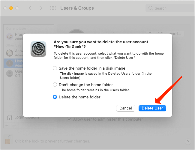 Haga clic en "Eliminar usuario" para eliminar una cuenta de usuario en una Mac.