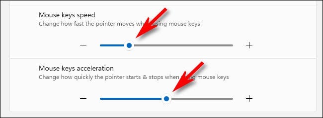 Utilice los controles deslizantes de velocidad y aceleración de las teclas del mouse para hacer que el puntero del mouse se mueva más rápido o más lento.