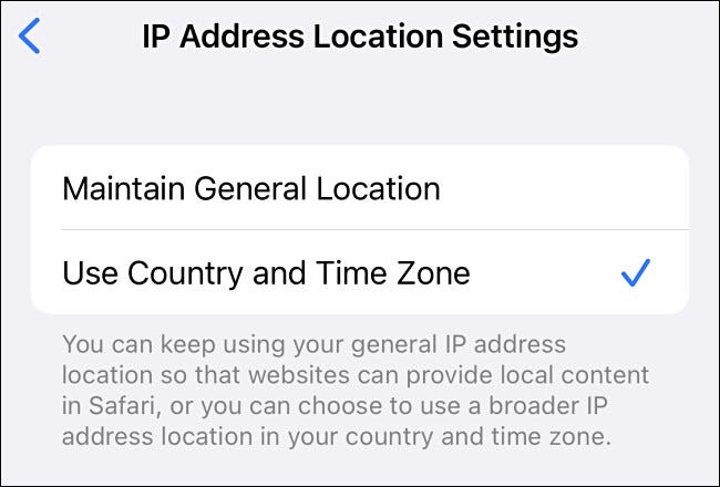 "Configuración de la ubicación de la dirección IP" de Apple Private Relay