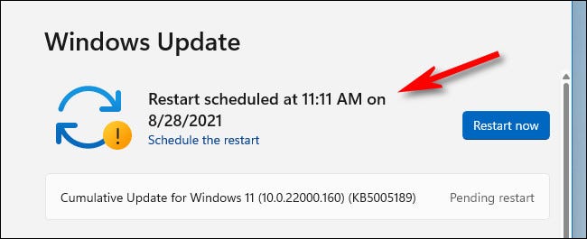 El reinicio programado se confirmará en un mensaje en la página de Windows Update.