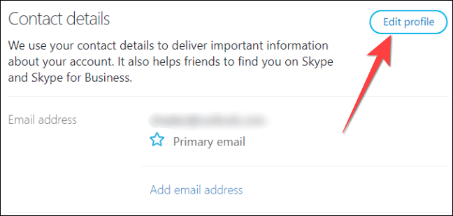 Seleccione "Editar perfil" junto a la sección "Detalles de contacto" en su perfil de Skype.