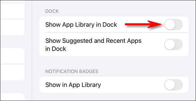 Cambia "Mostrar biblioteca de aplicaciones en el Dock" a "Desactivado".