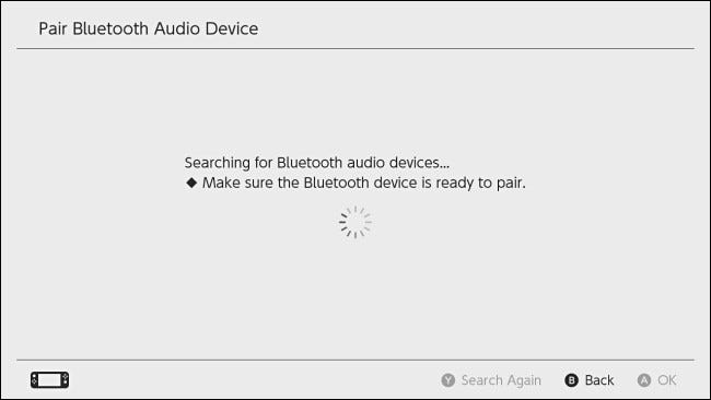 La pantalla "Búsqueda de dispositivos de audio Bluetooth" del conmutador.