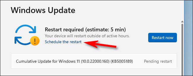 En Windows Update, haga clic en "Programar el reinicio".
