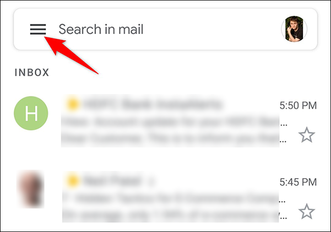Toca el menú de hamburguesas en la aplicación Gmail.