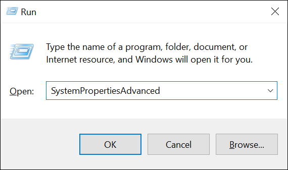 Escriba "SystemPropertiesAdvanced" en "Ejecutar" y presione Entrar.