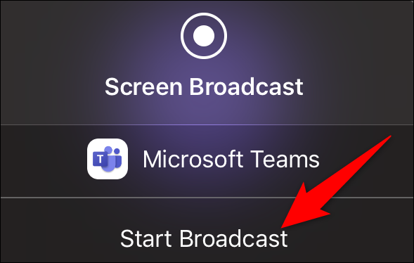 Toque "Iniciar transmisión" para Teams en iPhone.