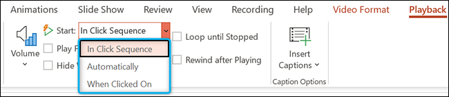 Haga clic en el menú desplegable "Inicio" en la sección "Opciones de video" de la pestaña "Reproducción" en PowerPoint.