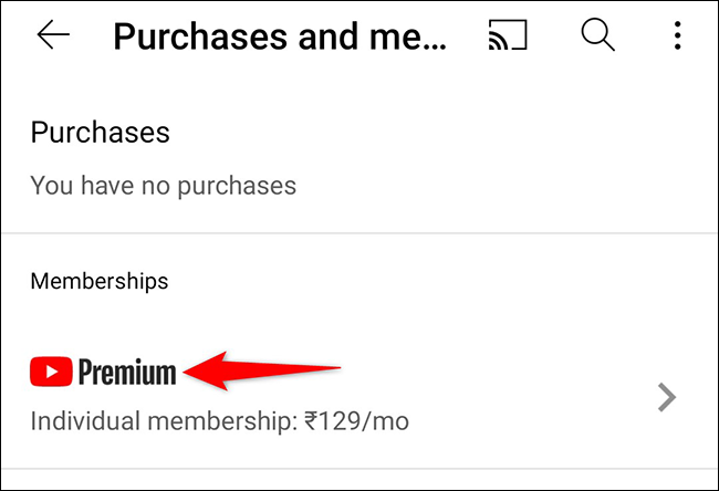 Toca "Premium" en la sección "Membresías" de la aplicación de YouTube.