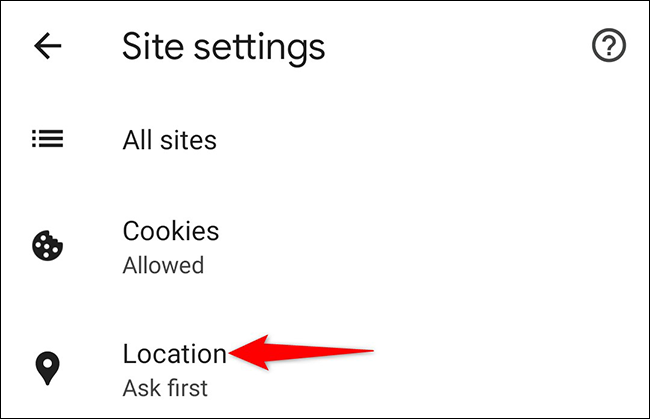 Toca "Ubicación" en la página "Configuración del sitio" en Chrome en Android.