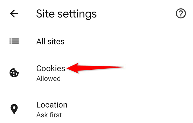 Toca "Cookies" en la página "Configuración del sitio" en Chrome en dispositivos móviles.