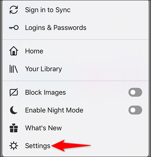 Seleccione "Configuración" en el menú de Firefox en iPhone.