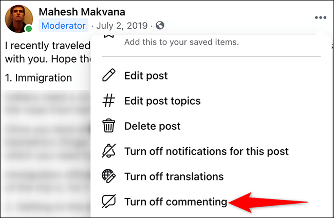 Seleccione "Desactivar comentarios" en el menú de tres puntos para una publicación en Facebook.