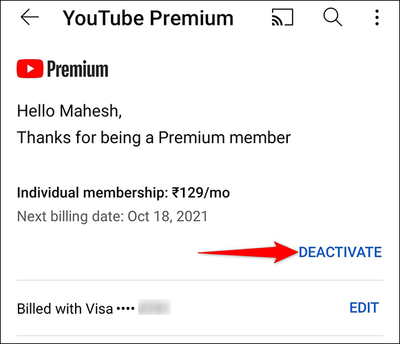 Toca "Desactivar" en la página "YouTube Premium" en la aplicación de YouTube.