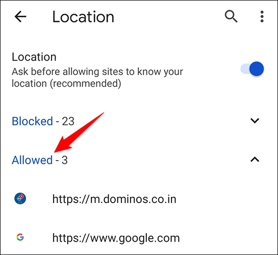 Una lista de sitios que pueden acceder a la ubicación del usuario en Chrome en Android.