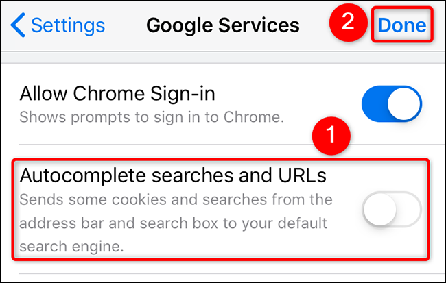 Deshabilite "Autocompletar búsquedas y URL" en la página "Servicios de Google" en Chrome en iPhone.
