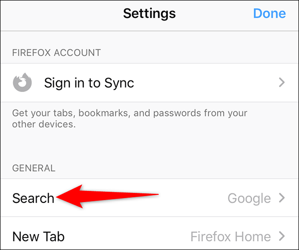 Toca "Buscar" en la página "Configuración" en Firefox en iPhone.