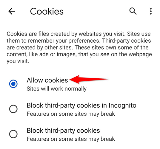 Habilite "Permitir cookies" en la página "Cookies" en Chrome en dispositivos móviles.