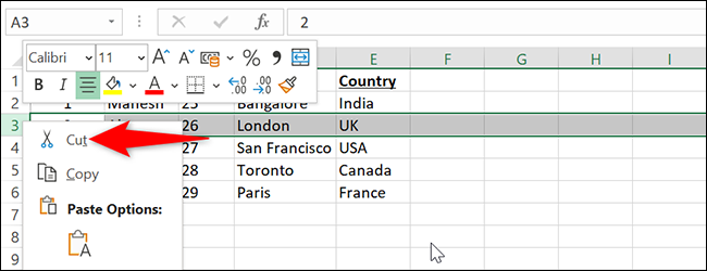 Haga clic derecho en el número de fila y seleccione "Cortar" en Excel.